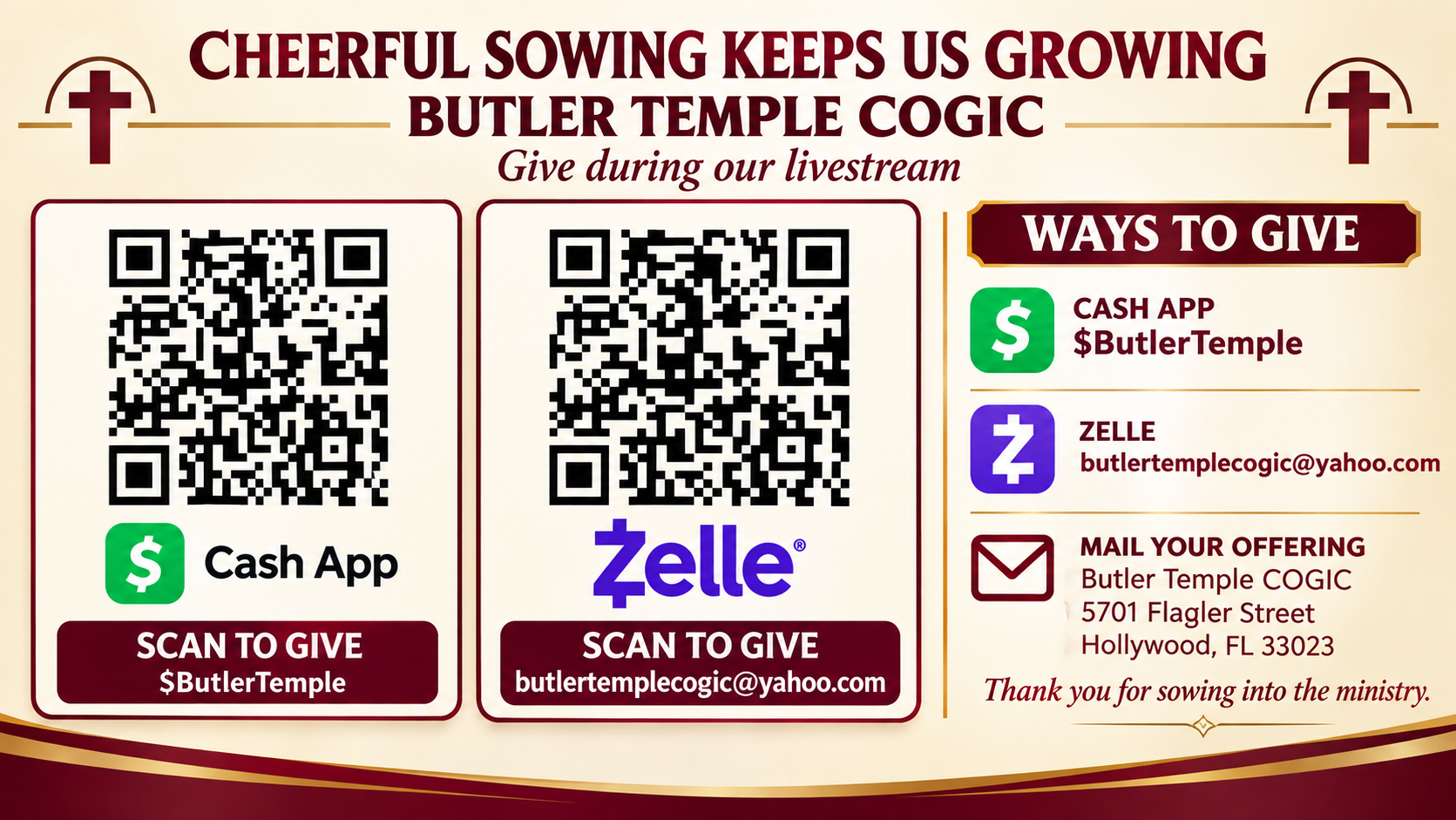 Butler Temple giving QR codes for Cash App and Zelle